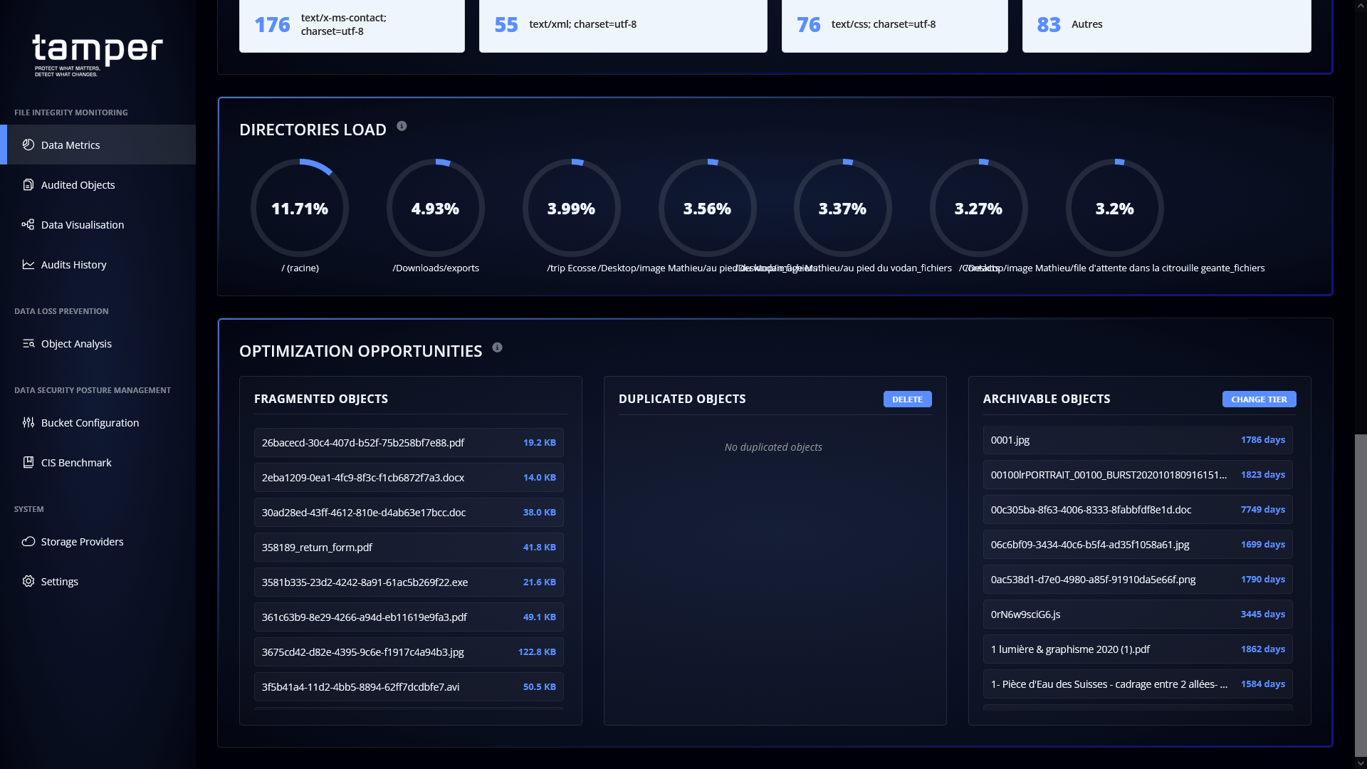 Page de présentation des statistiques et des métriques globales du bucket S3 audité par tamper