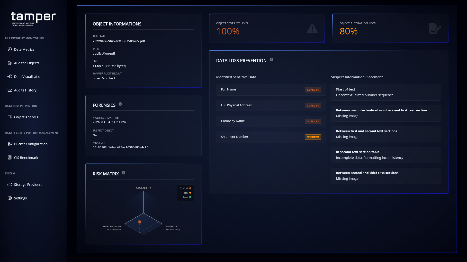 Page présentant un rapport de l'état du fichier modifié analysé par IA, avec informations globales, matrice du risque et taux de sévérité et d'altération