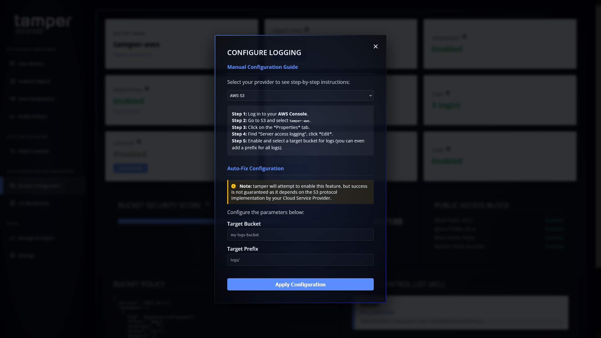 Page présentant la fonctionnalité d'autofix de la configuration du Bucket S3 audité par tamper