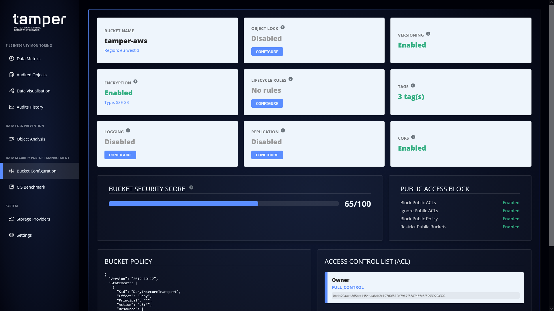 Page présentant la configuration actuelle (au moment de l'audit) du bucket S3 audité