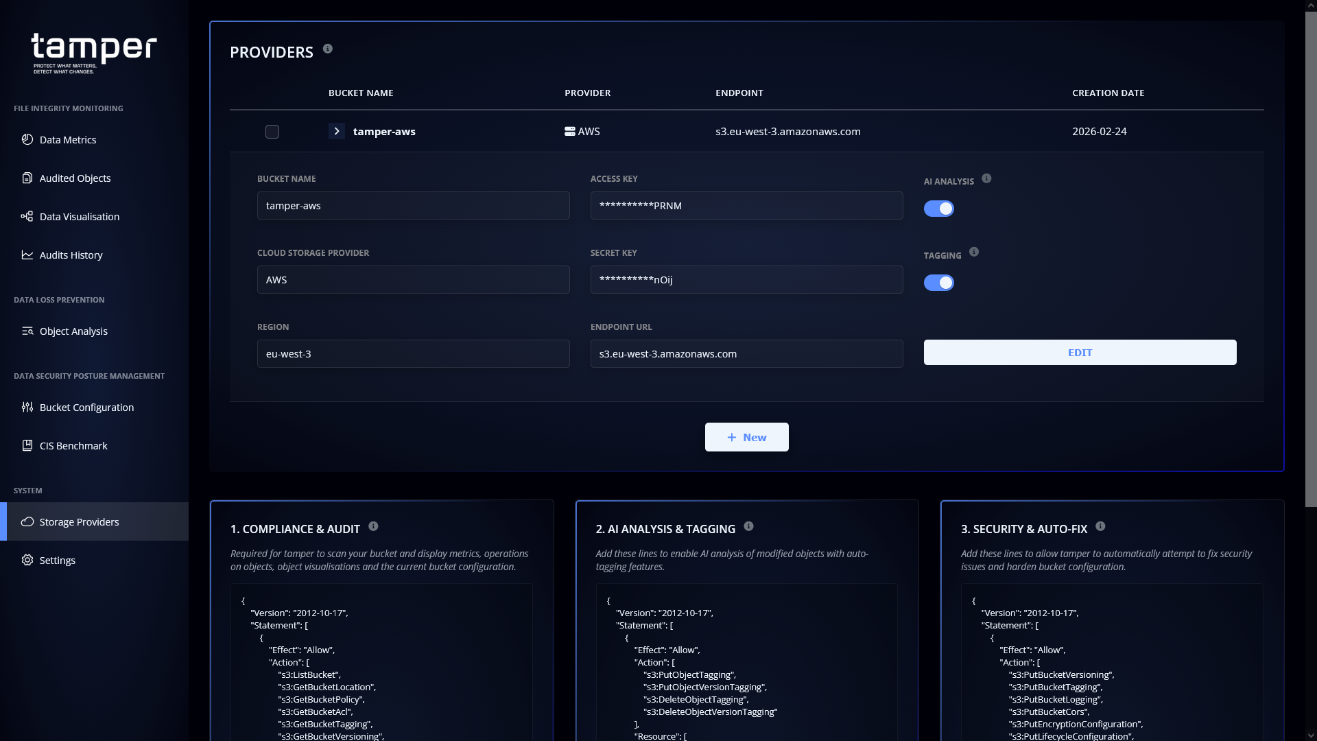Page d'ajout des buckets à auditer sur l'interface de tamper