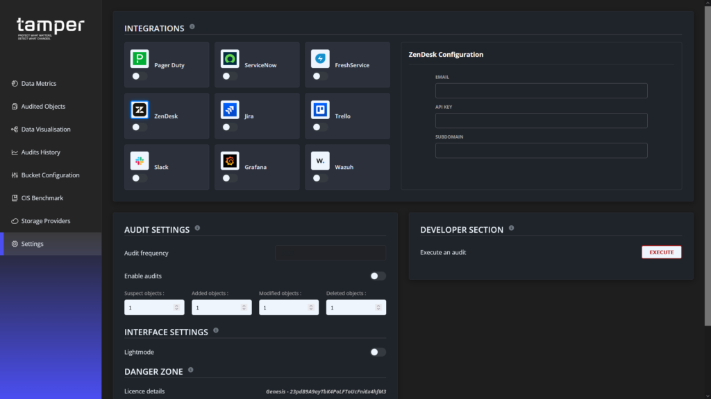 Page des paramètres de l'interface de tamper